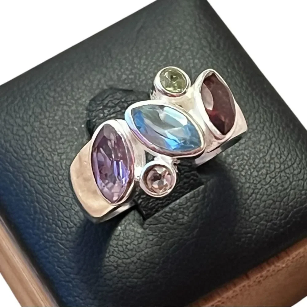Amazing Blue Topaz Garnet Amethyst Peridot Citrine Sterling Silver Ring Size 7